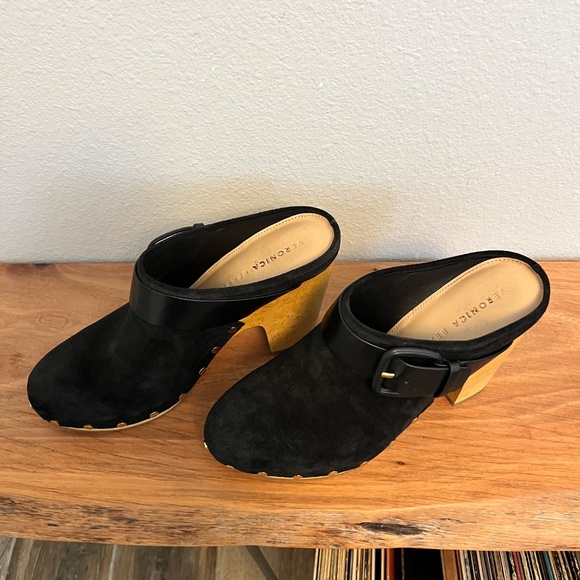 Veronica Beard Black Suede Mules with Tan Wooden Heels - Picture 5 of 8